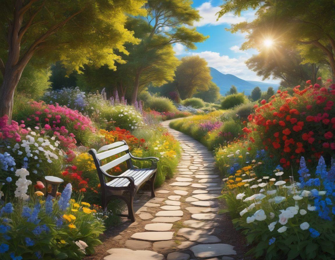 A serene landscape depicting a sunlit pathway winding through a vibrant garden filled with brightly colored flowers and playful butterflies. In the foreground, a joyful person is meditating, exuding a sense of peace and contentment, surrounded by soft golden light. Above, a clear blue sky with fluffy white clouds symbolizes freedom and happiness. Elements like a cozy bench and a gentle breeze add to the inviting atmosphere. super-realistic. vibrant colors. peaceful ambiance.